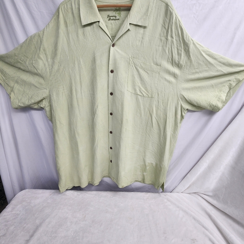 Tommy Bahama Shirt Mens 3XT Tall Green Button Up Textured 100% Silk Pocket